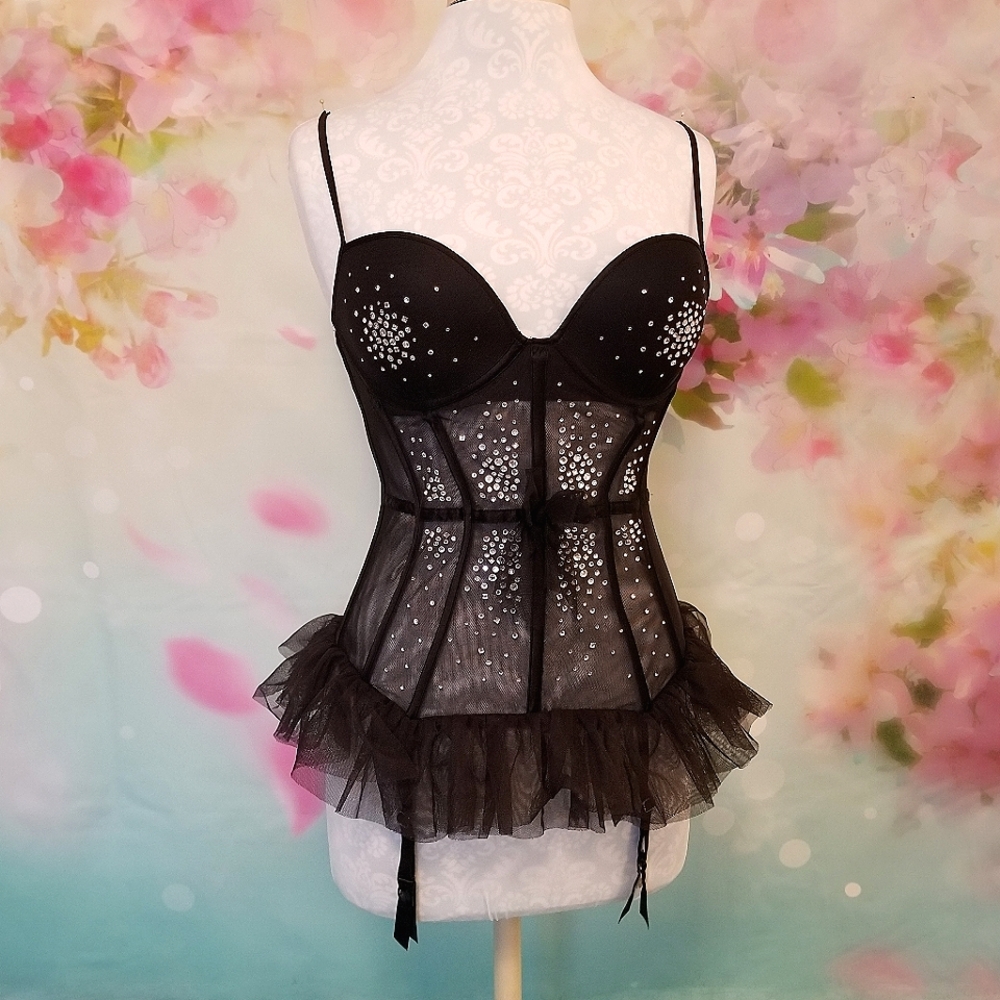 Vintage Victoria's Secret Tulle Mesh Rhinestone 36C Corset Costume Lingerie